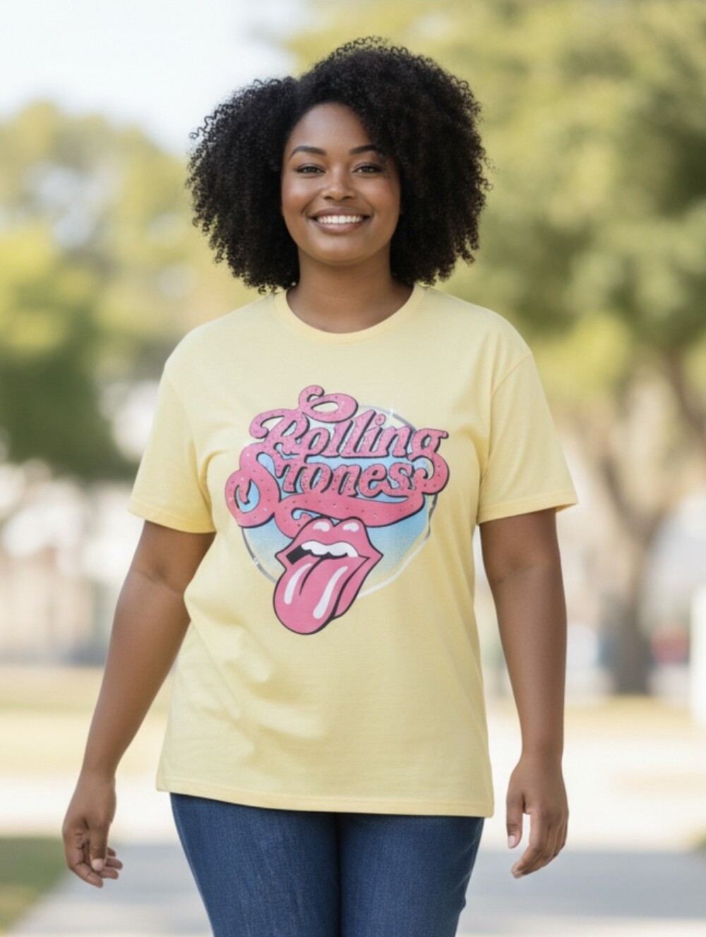 ROLLING STONES Pale Yellow Tee with Pink & Blue Graphic